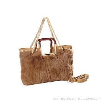Brown Khaki Genuine Rabbit Fur Handbags with PU leather for